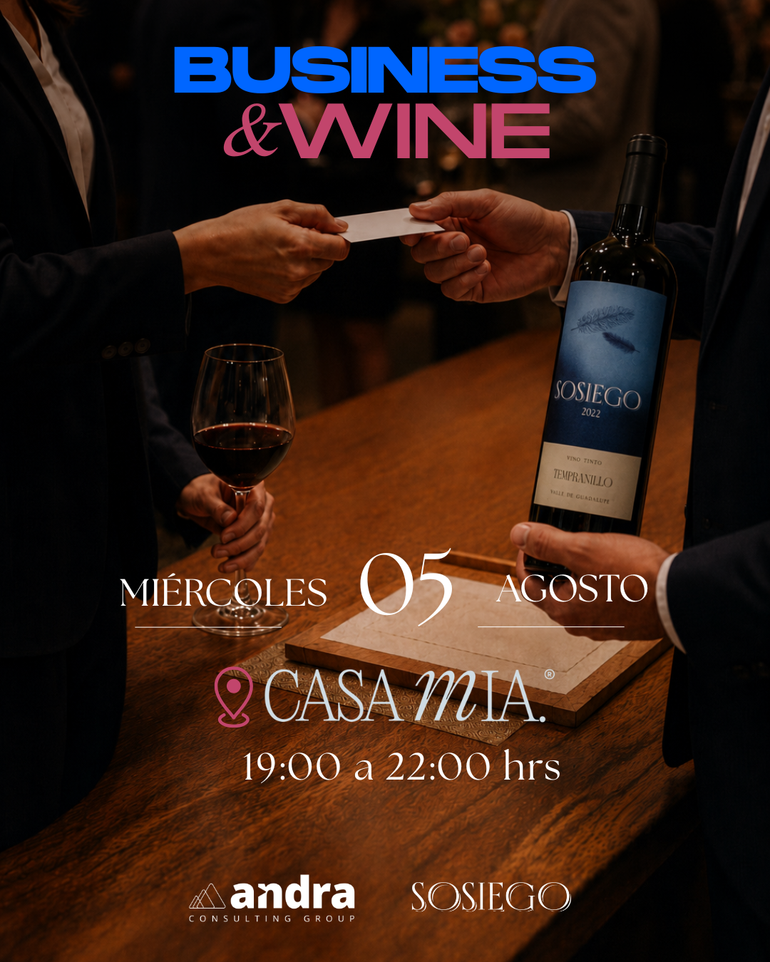 Arte principal, mockup web y contenido gráfico para Business and Wine, inspirados en la relación entre vino y
networking de negocios