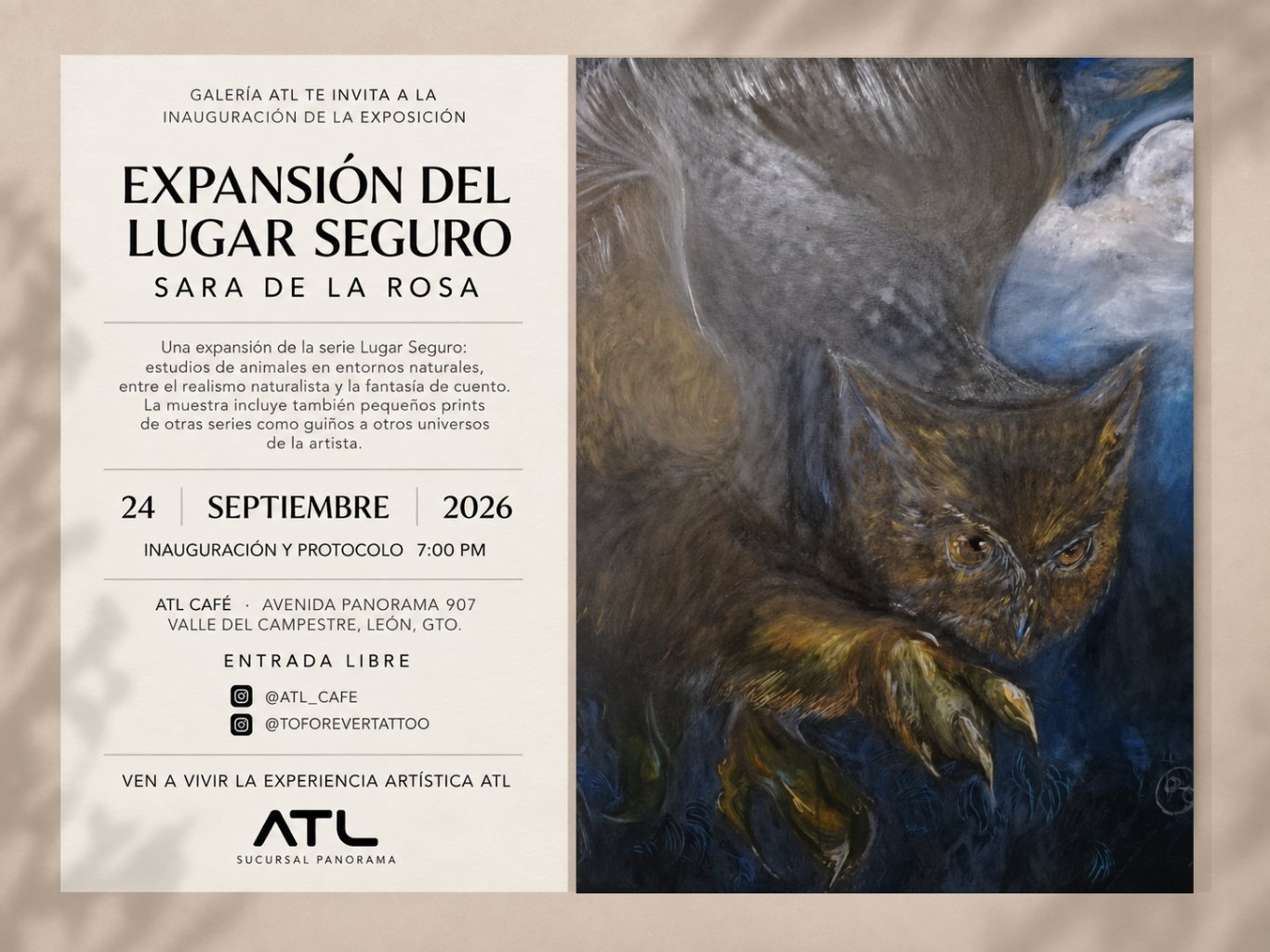 Invitación de la exposición Expansión del Lugar Seguro de Sara de la Rosa, con una obra de un búho como imagen principal.