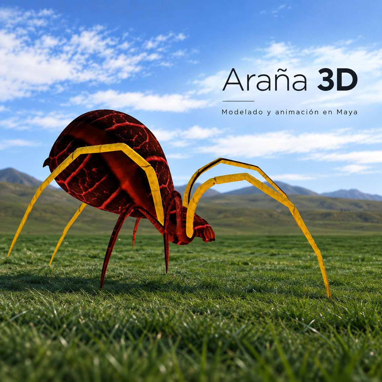 Araña modelada y animada en Maya dentro de un entorno tridimensional